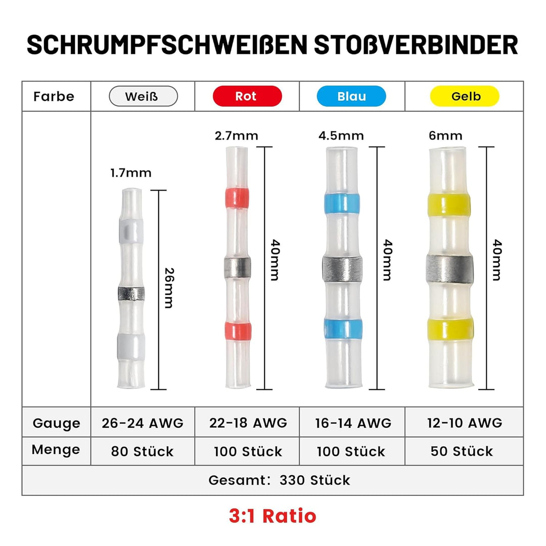 RED WOLF Lötverbinder Schrumpfverbinder 330 Stück, Stossverbinder Kabelverbinder Wasserdicht Für Kfz