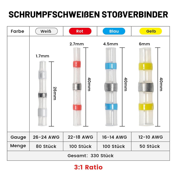 RED WOLF Lötverbinder Schrumpfverbinder 330 Stück, Stossverbinder Kabelverbinder Wasserdicht Für Kfz