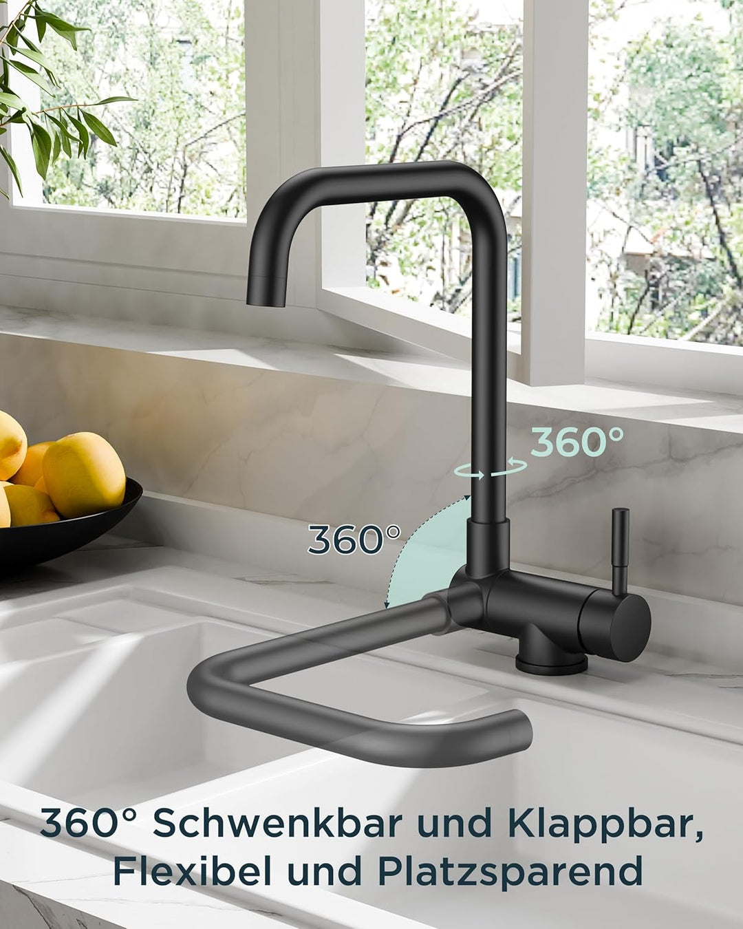 FORIOUS Wasserhahn Küche Schwarz, Küchenarmatur mit 360° Schwenkbar und Klappbar, L-förmiger Edelsta
