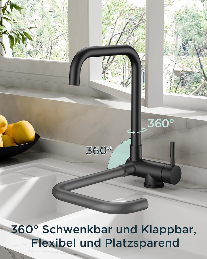 FORIOUS Wasserhahn Küche Schwarz, Küchenarmatur mit 360° Schwenkbar und Klappbar, L-förmiger Edelsta
