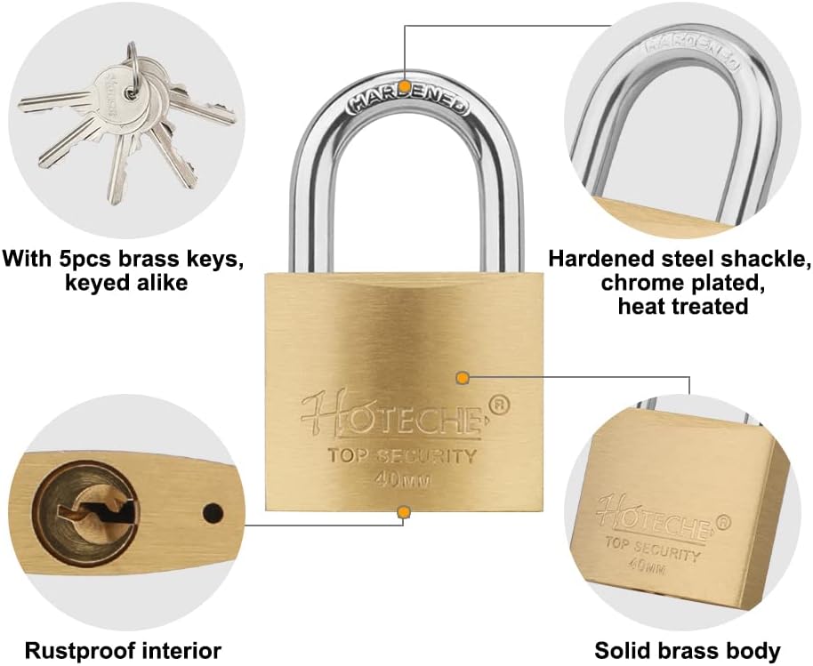 Hotehce 4Pcs Messing Vorhängeschloss Set 40MM Feste Messing Vorhängeschlösser Keyed Ähnlich Heavy-Du