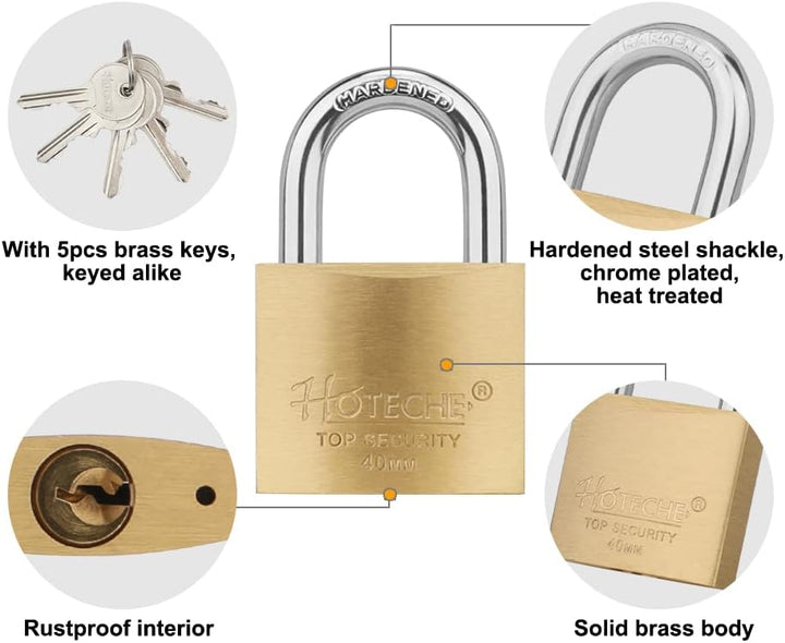 Hotehce 4Pcs Messing Vorhängeschloss Set 40MM Feste Messing Vorhängeschlösser Keyed Ähnlich Heavy-Du
