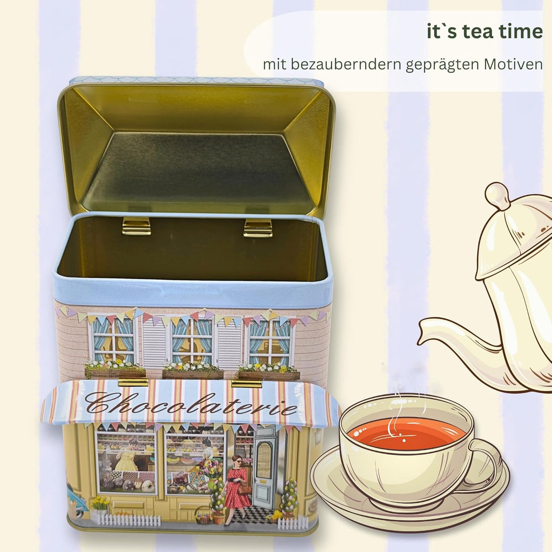 MediMuc Kleines Haus Chocolaterie mit Vordach - Dose, Gebäckdose, Geschenkdose, Sammlerdose - Volume