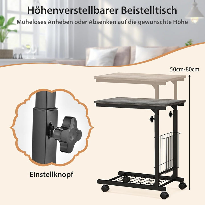 COSTWAY Beistelltisch mit Rollen, Laptoptisch höhenverstellbar, mit Aufbewahrungskorb, Sofatisch C-F