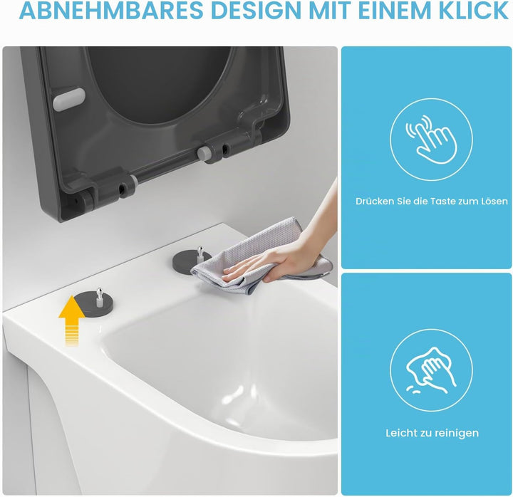 YEAUPE PRO Toilettendeckel mit Absenkautomatik D Form, WC-Sitz einfache Montage, Klodeckel abnehmbar