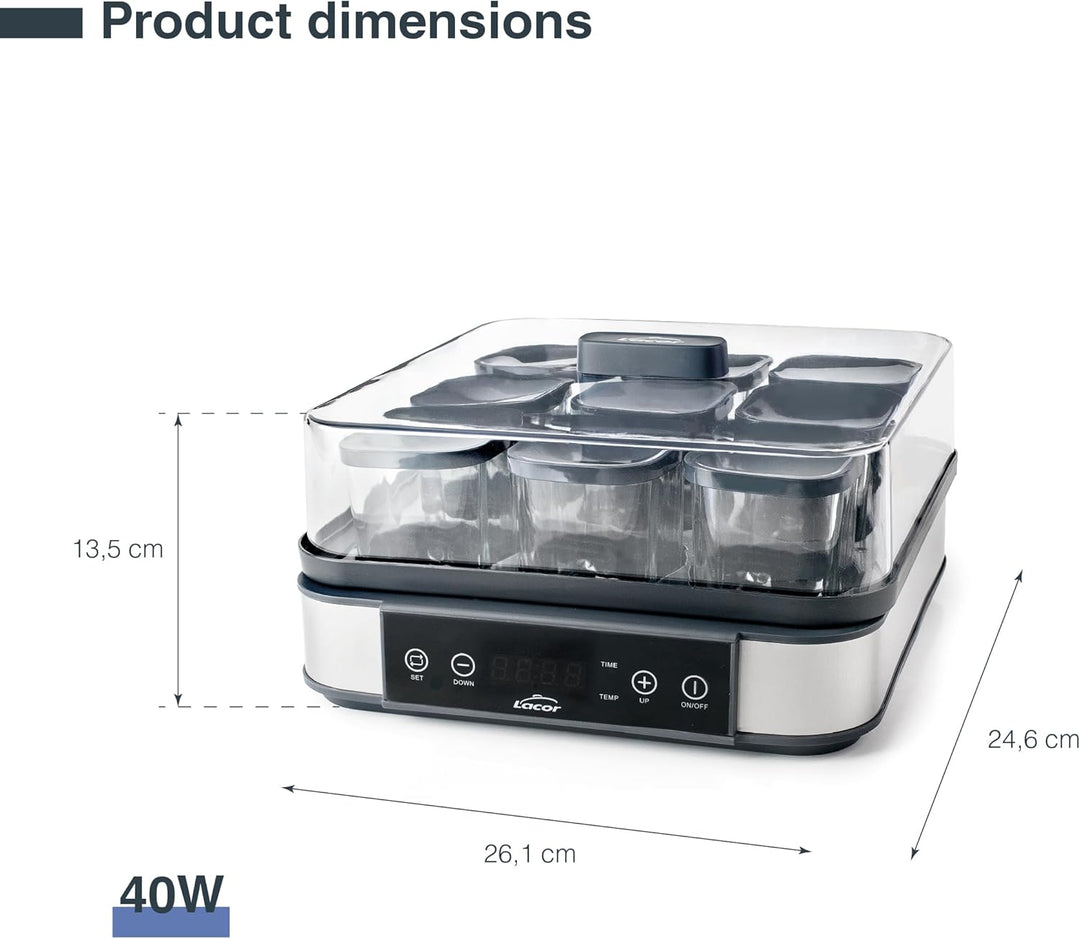 Lacor - 69439 - Deva Joghurtbereiter aus Glas, 9 Gläser im Lieferumfang Enthalten, Einstellbare Temp