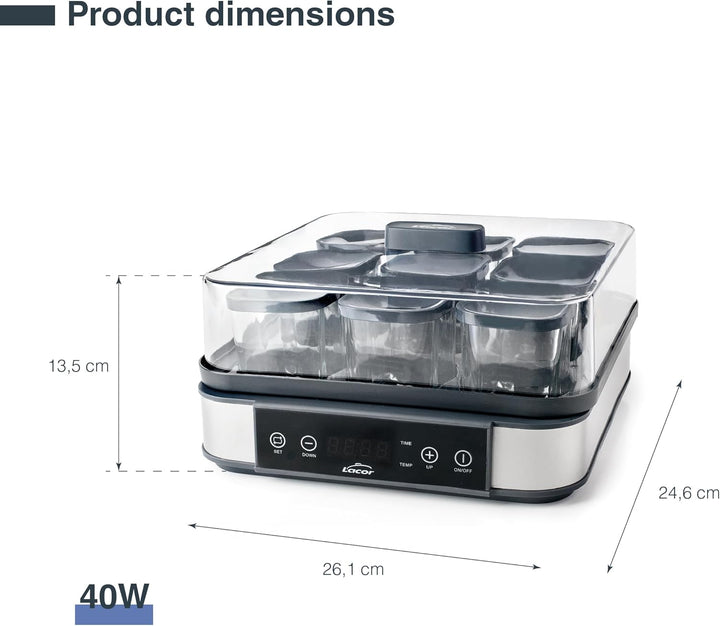 Lacor - 69439 - Deva Joghurtbereiter aus Glas, 9 Gläser im Lieferumfang Enthalten, Einstellbare Temp