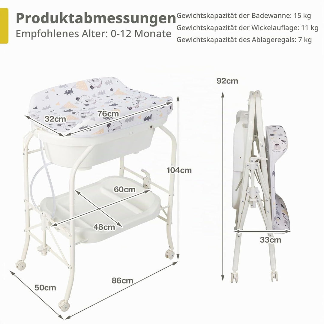 LIFEZEAL Wickeltisch mit Badewanne, 2 in 1 Flatbare Bade-Wickelkombination auf Räder, Badewannenaufs