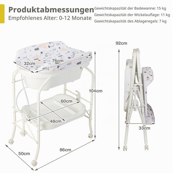 LIFEZEAL Wickeltisch mit Badewanne, 2 in 1 Flatbare Bade-Wickelkombination auf Räder, Badewannenaufs