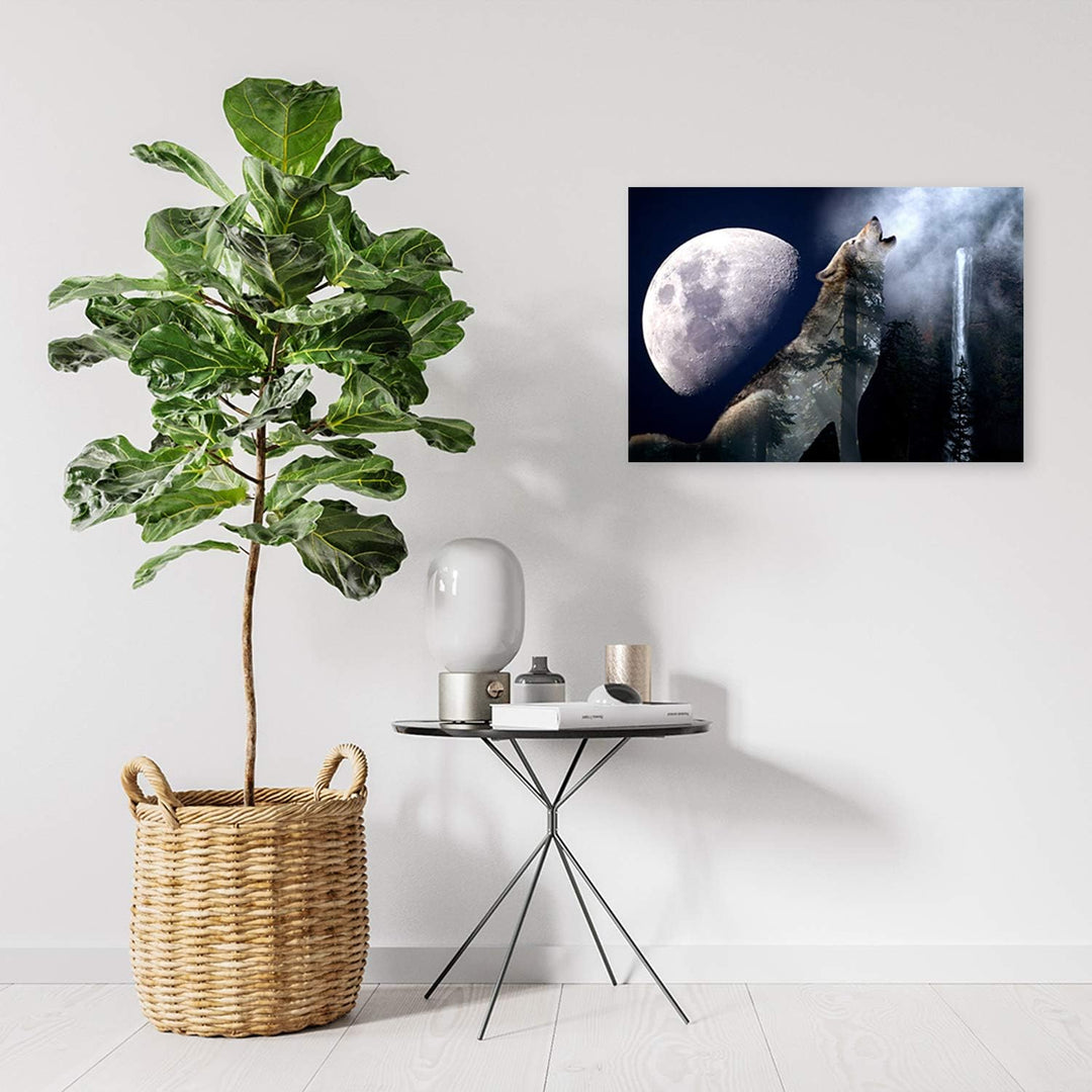 Feeby Vlies Leinwandbild Wald Natur Mond 80x60 cm Wand Bild Kunstdruck Deko Wohnzimmer Wohnungs Deko