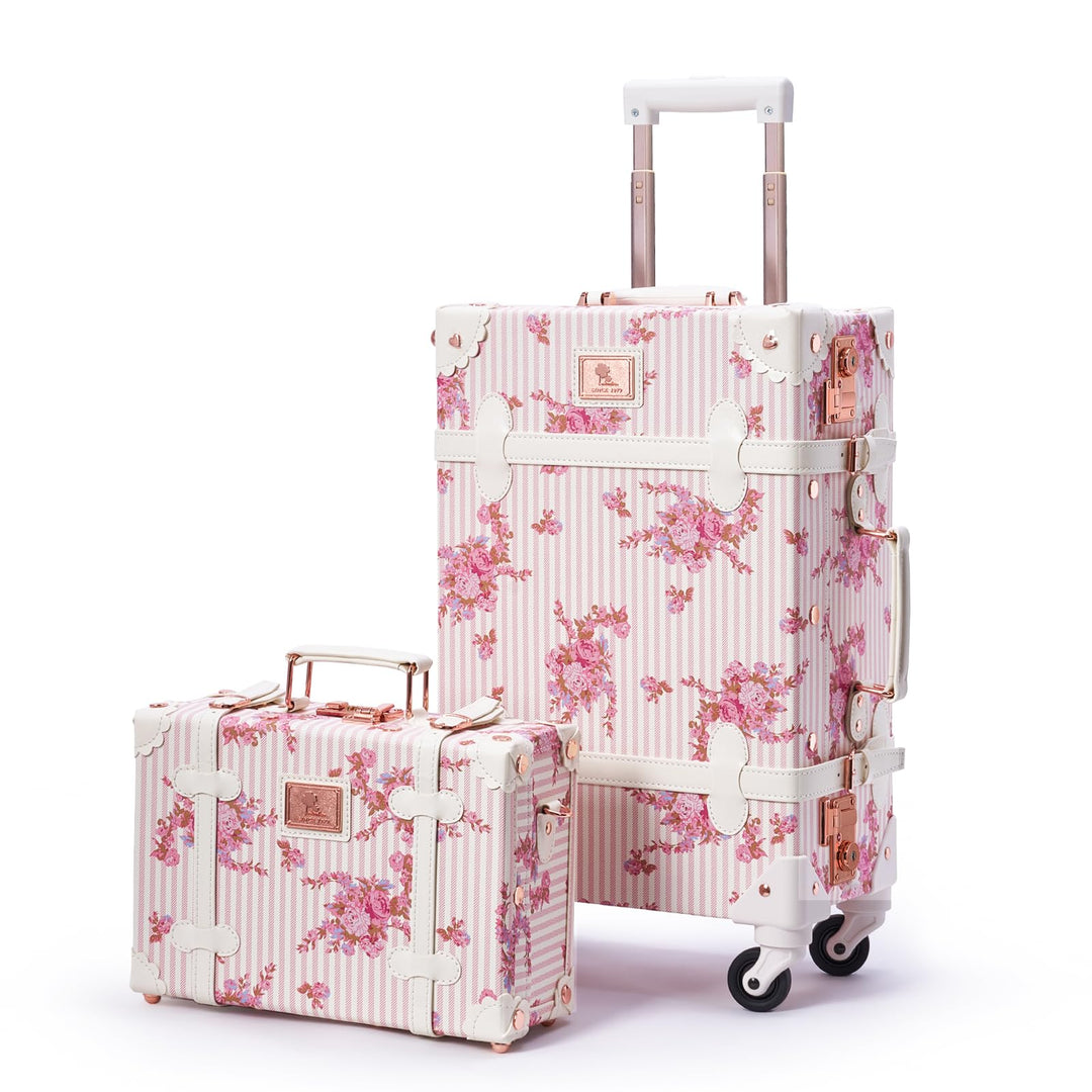 Unitravel Vintage Koffer Set 2 Teilig, Retro PU-Leder Handgepäck Koffer mit Kosmetikkoffer, Rosa Flo