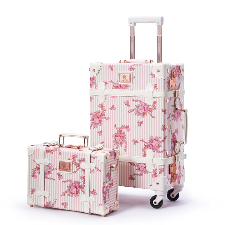 Unitravel Vintage Koffer Set 2 Teilig, Retro PU-Leder Handgepäck Koffer mit Kosmetikkoffer, Rosa Flo