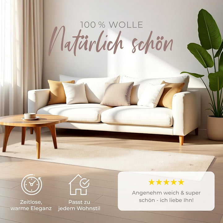 carpetfine Wollteppich Gabbeh Uni Läufer Beige 60x180 cm | Moderner Teppich für Wohn- und Schlafzimm