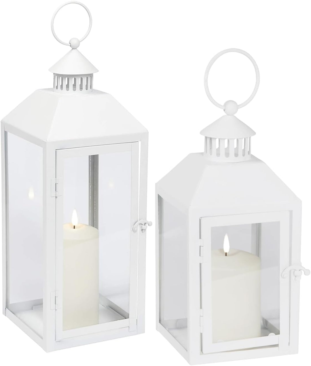 Lights4fun Weisse Metall-Laterne inkl. TruGlow® LED-Kerze mit flackernder LED-Flamme und Timer für I