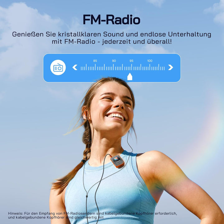 WOLFANG 64 GB MP3-Player mit Bluetooth 5.2, Sportclip, Mini-Grösse, Gewicht 28,3 g, HiF-FM-Radio, Di