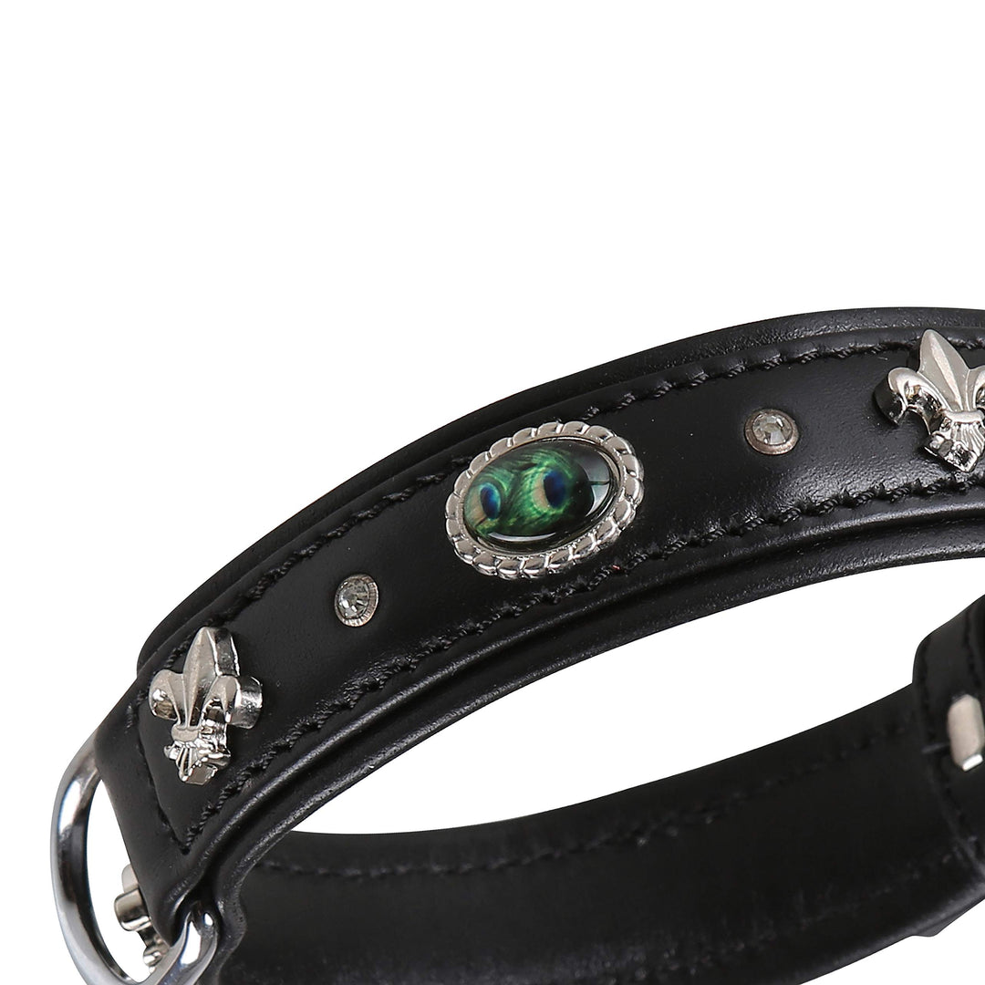 MICHUR EL Pavo Hundehalsband Leder, Lederhalsband Hund, Halsband, Schwarz, Leder, mit Lilien, Strass