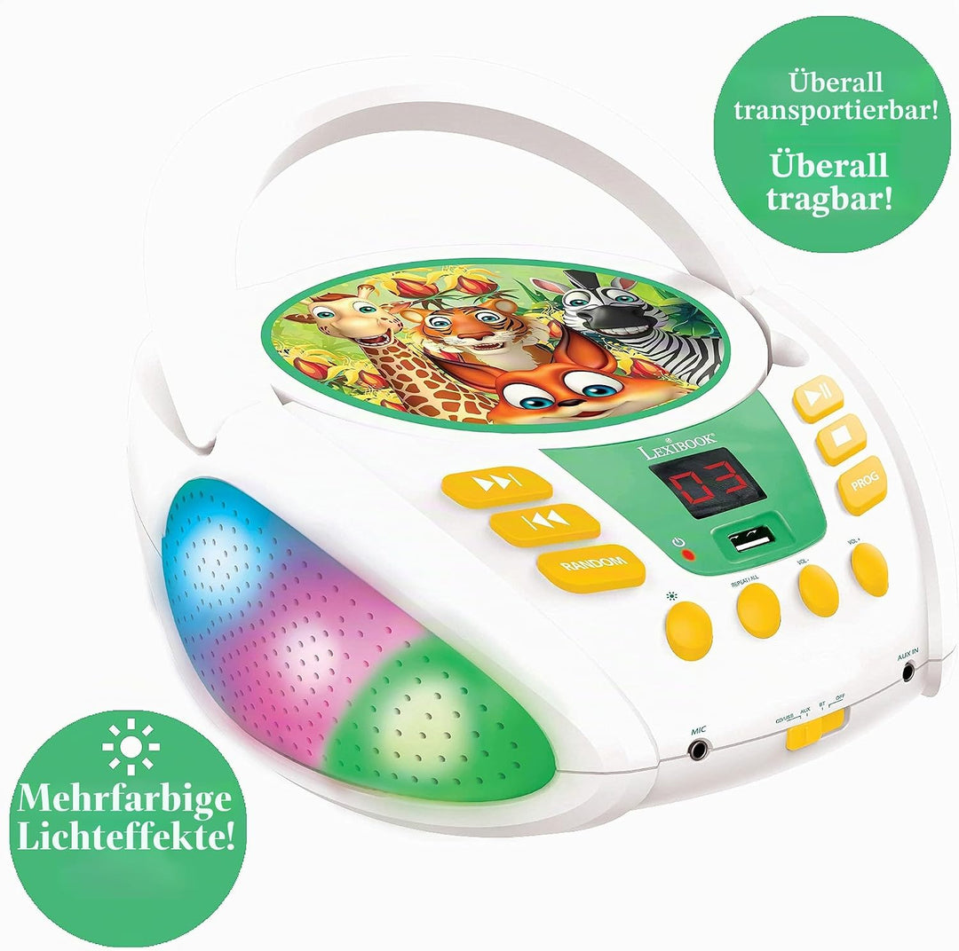 Lexibook RCD109ANX Dschungeltieren-Bluetooth-CD-Player für Kinder-Tragbar, Lichteffekte, Mikrofonbuc