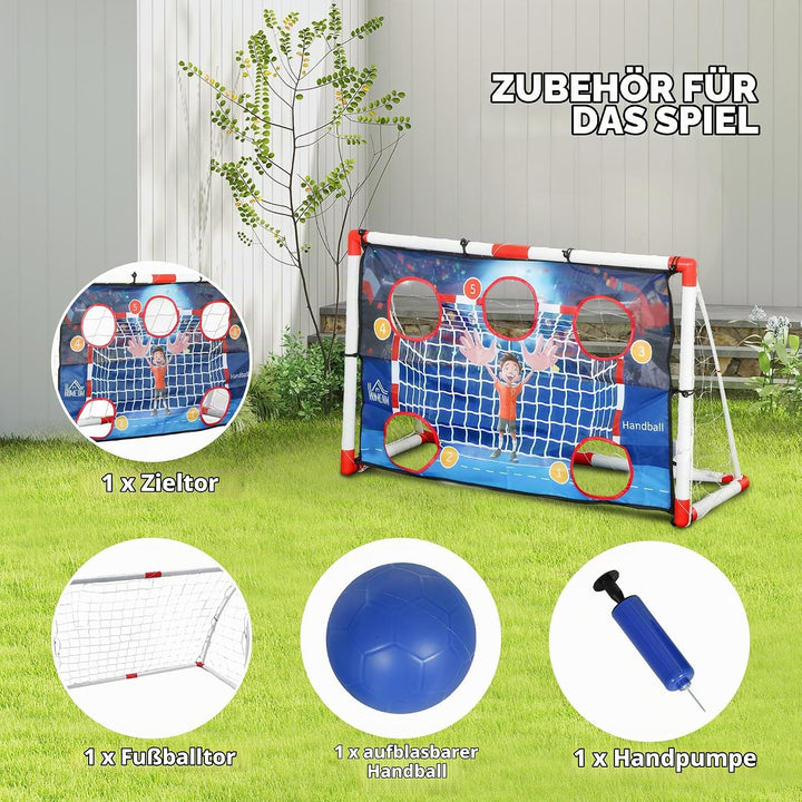 HOMCOM Handballkäfig Kind Outdoor, Tor 5 Zielzonen, aufblasbarer Handball, Pumpe, U-förmige Bodenher