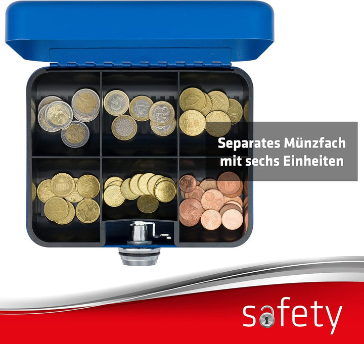 Sax Geldkassette mit Zahlenschloss, extra Starkes Schloss, 20 x 16 x 9cm, Medium, Blau (0-822-14) Me