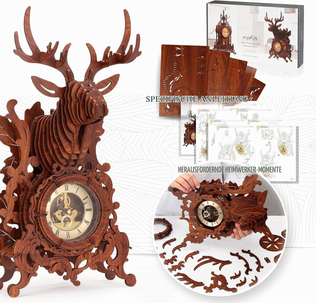 FUNPOLA LED 3D Holzpuzzle Hirschuhr, 3D Puzzle Elchuhr Gebäudemodell, Wohnkultur 3D Puzzle für Erwac