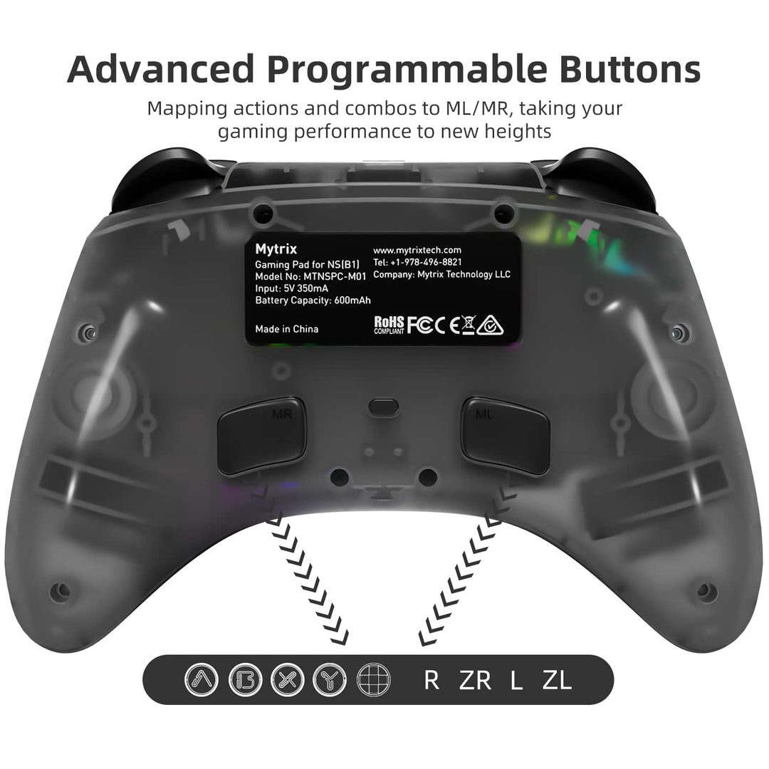 Mytrix Wireless Controller für Nintendo Switch mit RGB Optik Joystick, Mecha-Muster Pro Controller f