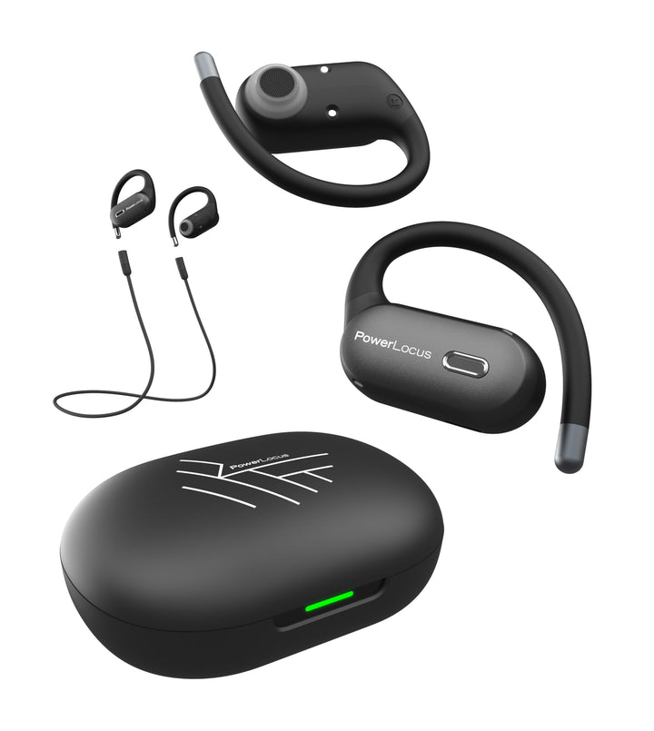PowerLocus Kabellose Sport-Kopfhörer, Open-Ear Kopfhörer mit flexiblem Ohrbügel, Stereo-Sound, wasse
