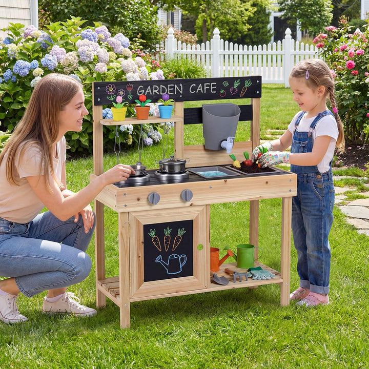 FANTASK Matschküche Kinder, Holz-Spielküchenset mit Wassertank, Herd, Kreidetafel &amp; Spüle, Kinderküc