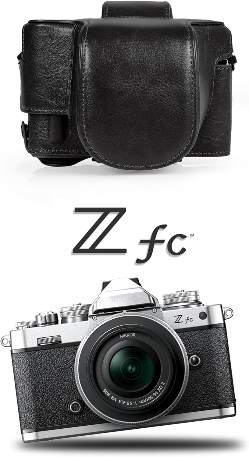 MegaGear Ever Ready Echtleder-Kameratasche kompatibel mit Nikon Z fc (16-50 mm) (Black), MG2010, Sch