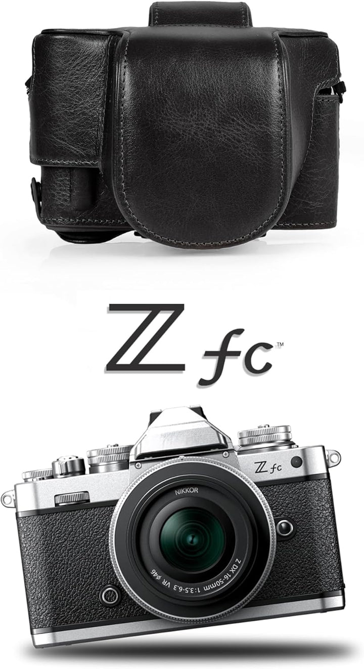 MegaGear Ever Ready Echtleder-Kameratasche kompatibel mit Nikon Z fc (16-50 mm) (Black), MG2010, Sch