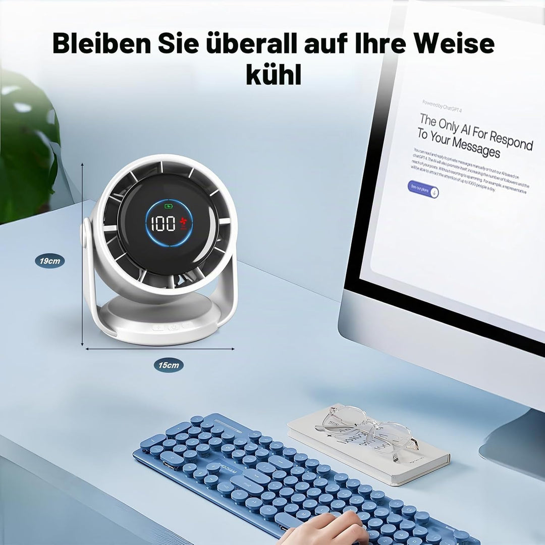 Rintea Tischventilator Wiederaufladbar,USB Ventilator Geräuscharm,10 Geschwindigkeiten mit Memory Fu