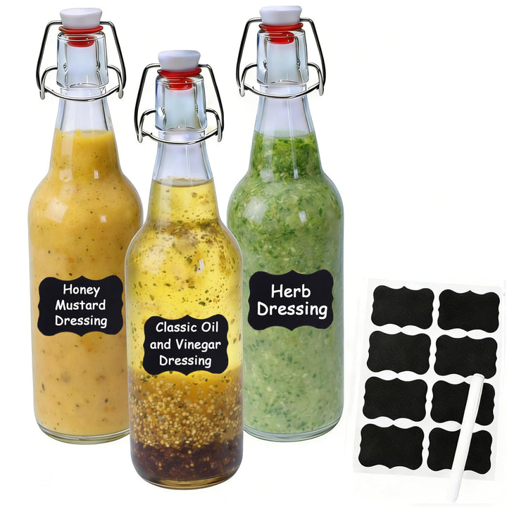 Salatdressing Shaker aus Glas 450 ml 3er Set, Dressingshaker mit Edelstahl Bügelverschluss Tropffrei