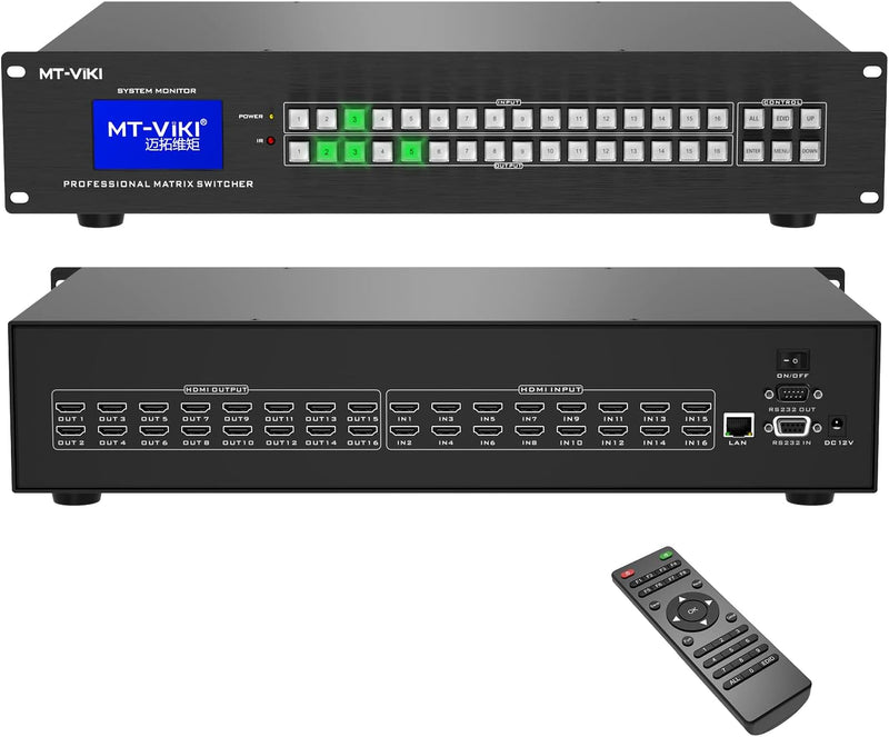 MT-VIKI 4K HDMI Matrix Switch 16x16 2U Rackmount Splitter & Switch 16 in 16 Out mit Kontrollmenü IR-