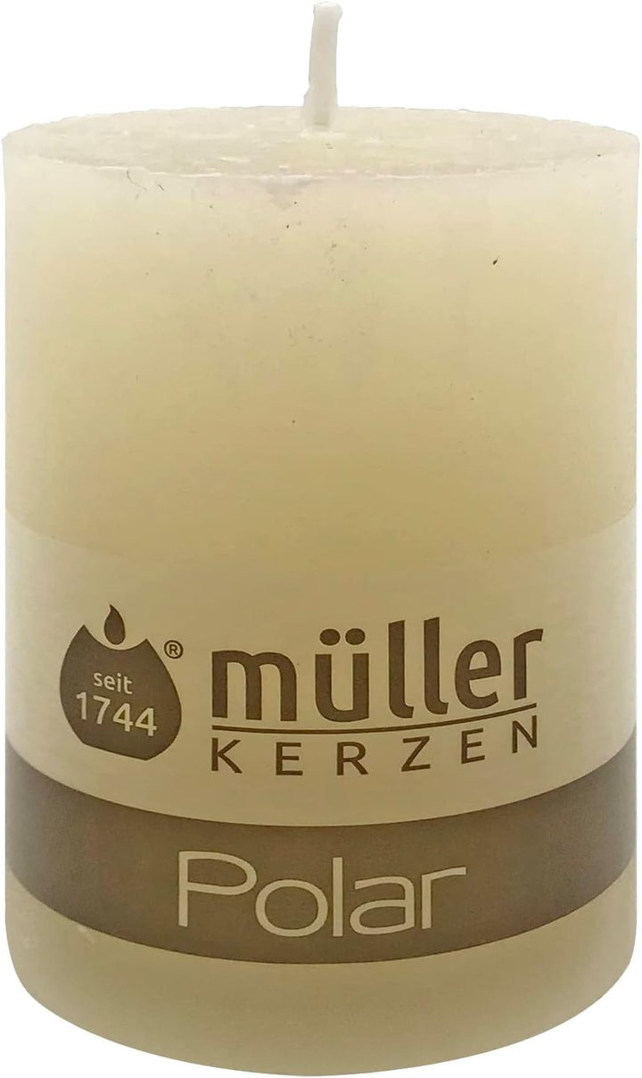 Müller Kerzen POLAR Stumpenkerzen mit Raureif-Effekt - Set mit 4 Rustikale Kerzen - Elfenbein - 68 x