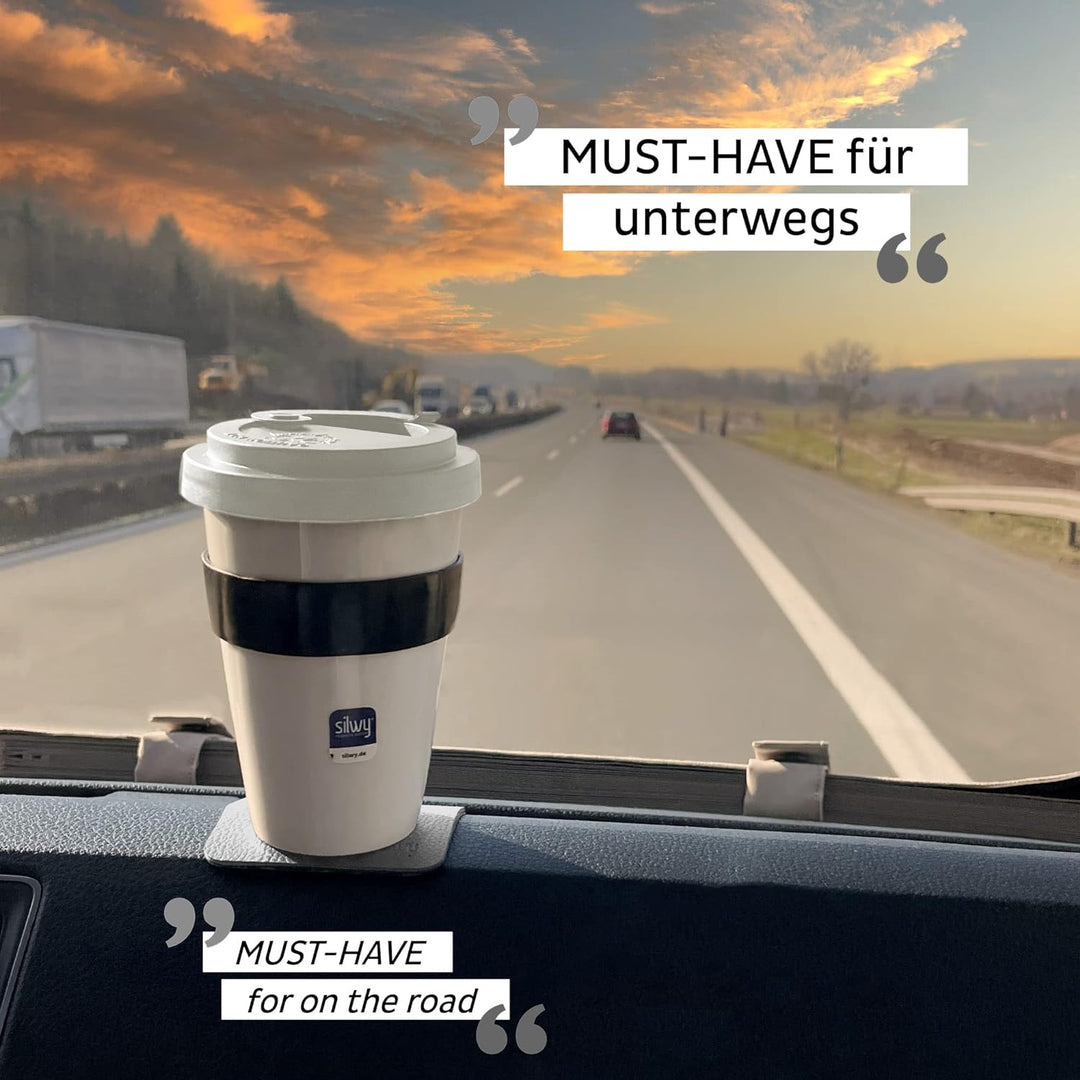 silwy® Porzellan TO-GO-CUP inkl. schwarzer Hitzeschutzbanderole, metallischen Nano-Gel-Untersetzer W