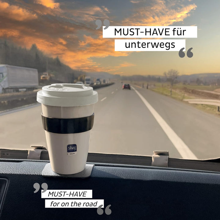 silwy® Porzellan TO-GO-CUP inkl. schwarzer Hitzeschutzbanderole, metallischen Nano-Gel-Untersetzer W