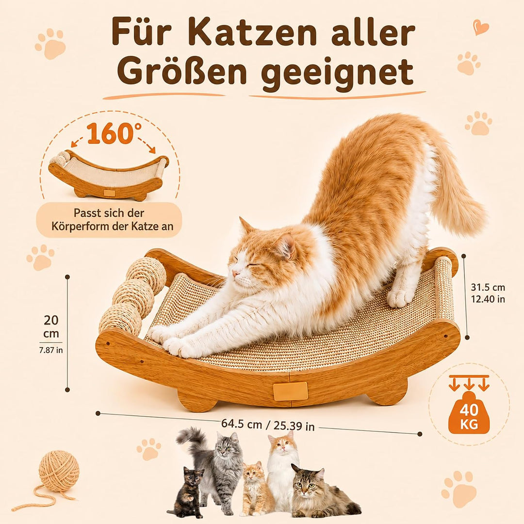 Sisal Kratzbretter Katze, 3-in-1 Kratzbrett mit Spielbällen, 64.5 x 31.5 cm | Grosses Katzen Kratzbr