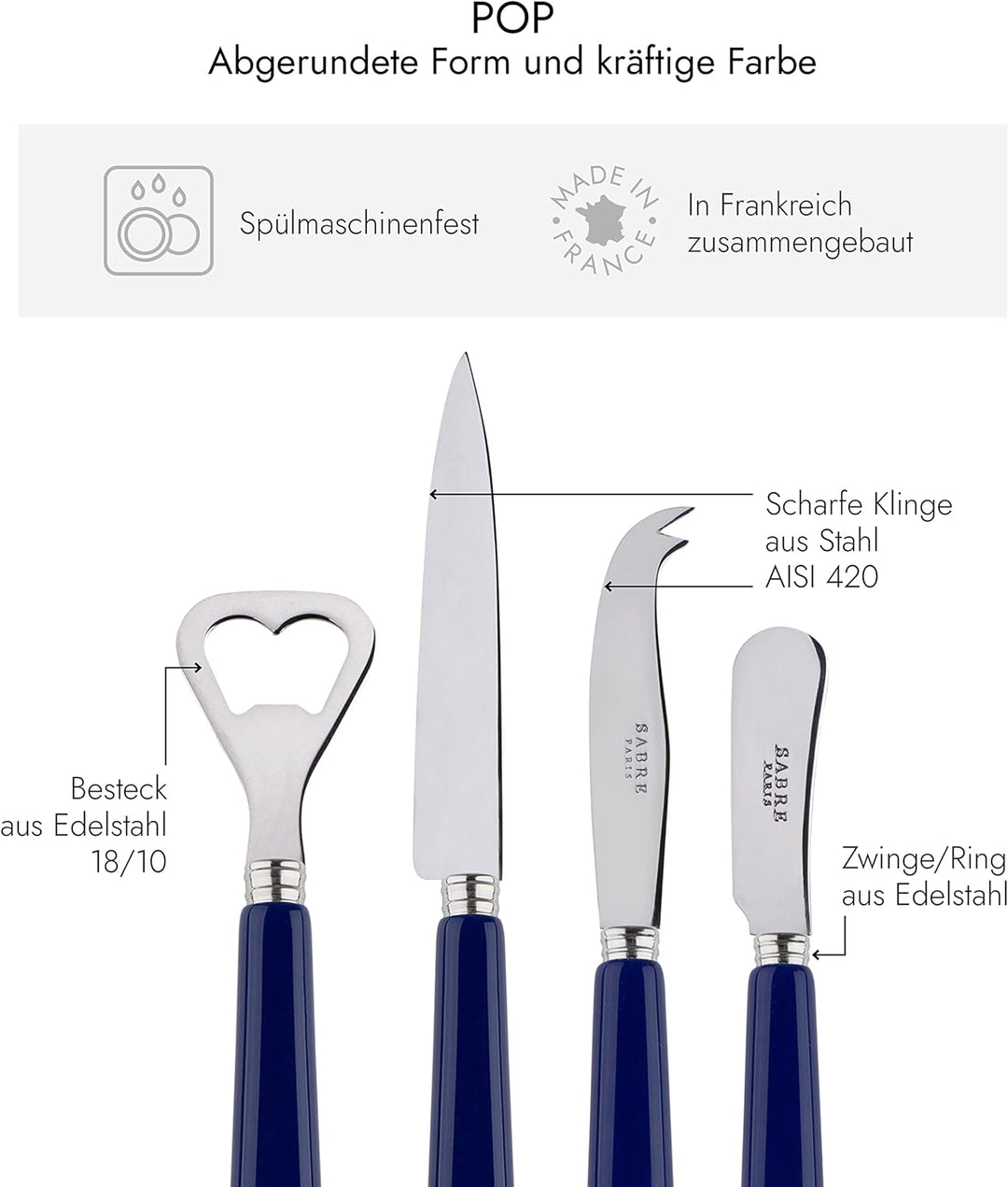 SABRE PARIS - Apero-Set, 4-teilig -Pop - Flaschenöffner, Spickmesser, kleines Käse- & Buttermesser -