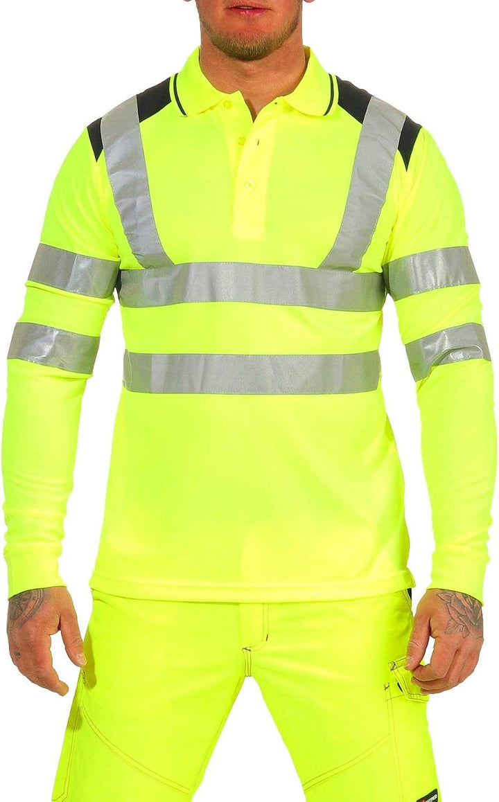 Herren Warnschutz Langarmshirt Poloshirt, Hohe Sichtbarkeit Reflexstreifen EN ISO 20471 Klasse 2, Ne