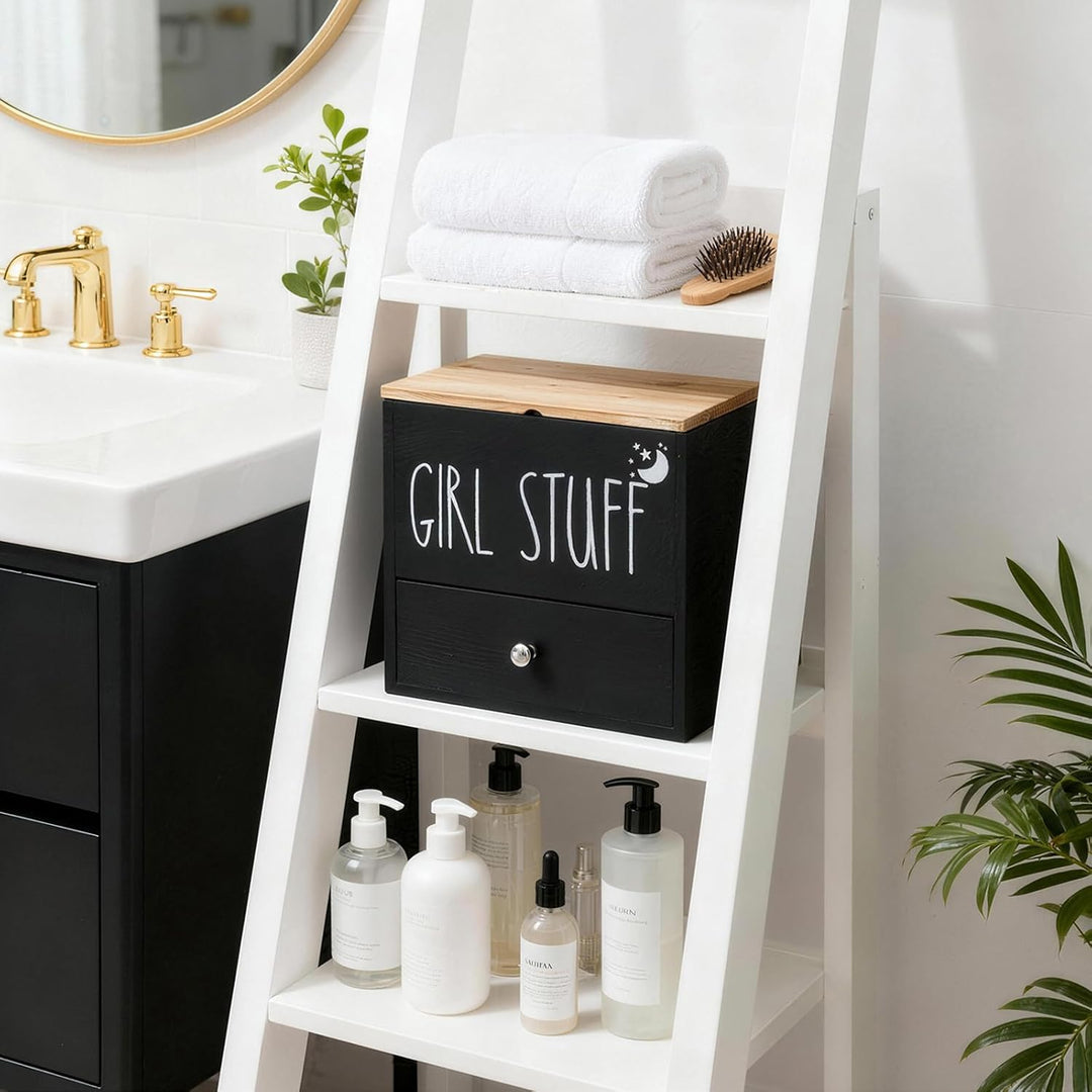 Tampon Aufbewahrungsbox 3 Fächer mit Deckel und Schublade, Badezimmer Organizer Holz Tampon Aufbewah