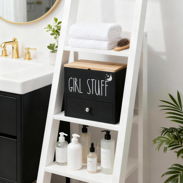 Tampon Aufbewahrungsbox 3 Fächer mit Deckel und Schublade, Badezimmer Organizer Holz Tampon Aufbewah