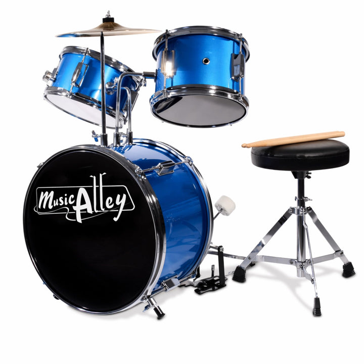 Music Alley Junior Drum Kit for Kids with Kick Drum Pedal, Drum Stool &amp; Drum Sticks - Blue Blue Sing