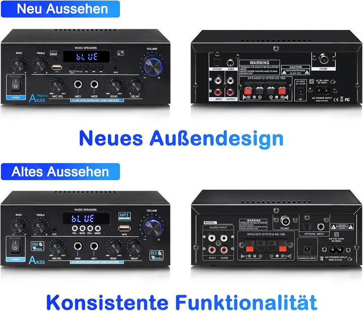 HiFi Audio Verstärker- WOOPKER AK55 Mini Bluetooth Amplifier Receiver 12V/ 220V 600W, 2 Kanäle Verst