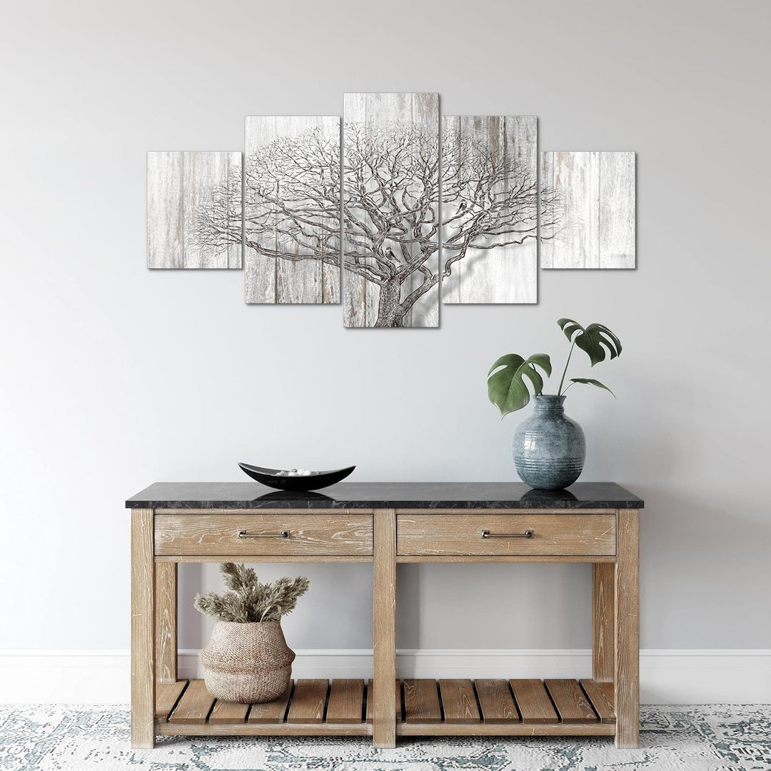 Runa Art Wandbilder Baum Abstrakt 5 Teilig Bild auf Vlies Leinwand Deko Wohnzimmer Holzmotiv Schwarz