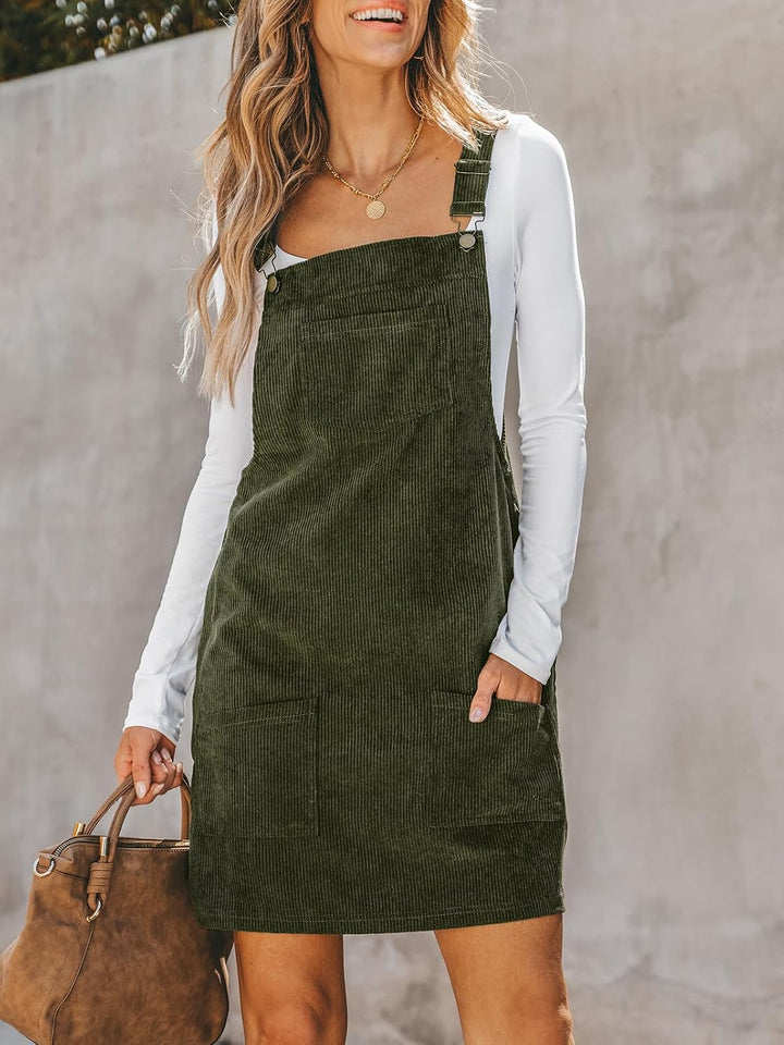 CUPSHE Damen Latzrock Quadratischer Ausschnitt Hosenträger Taschen Cord Latzkleid Overallkleid Freiz