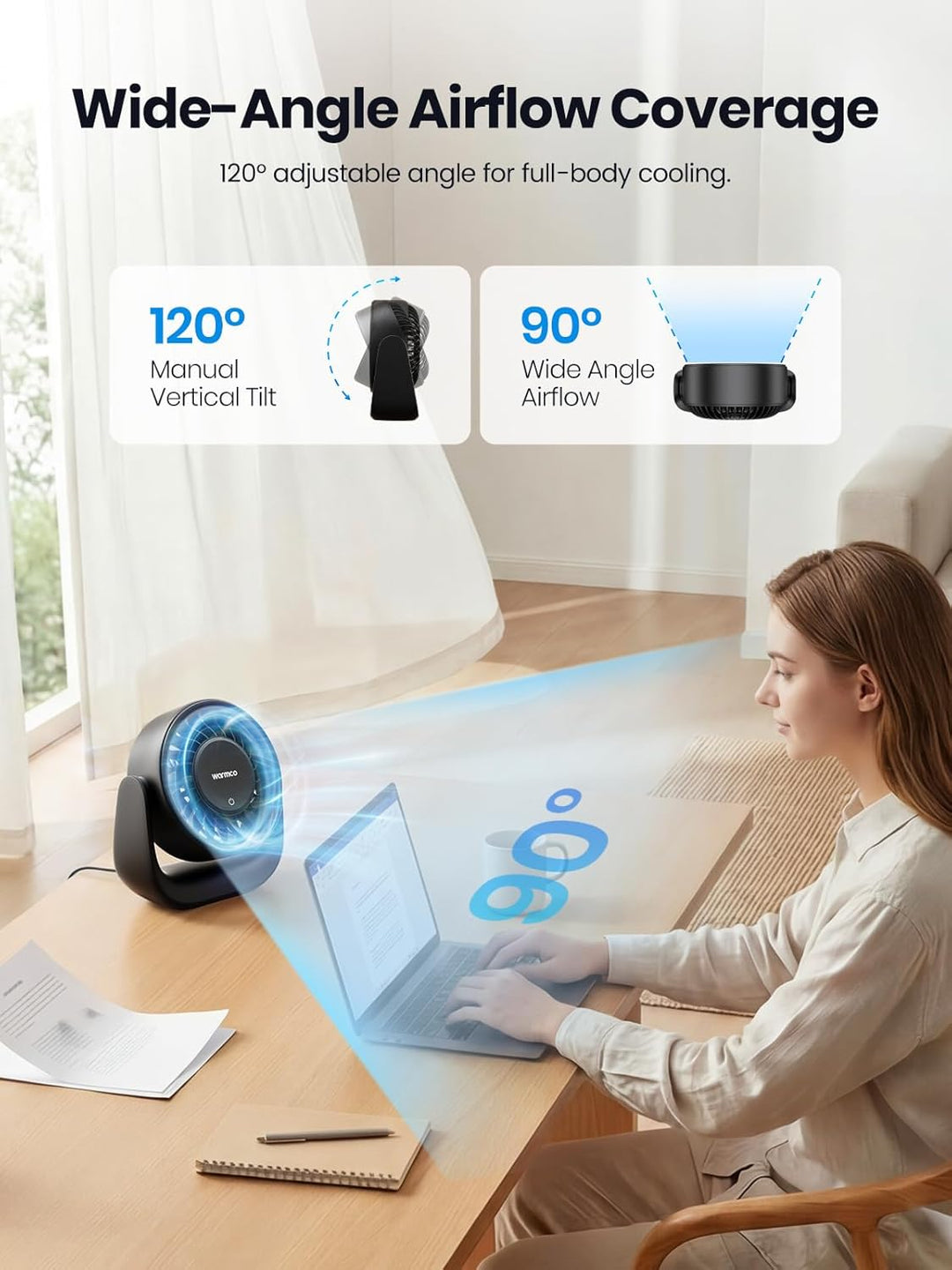 Warmco USB Tischventilator mit Touch, (Nur USB-Betrieb) Kleiner Ventilator, USB-A & USB-C Stecker, 3