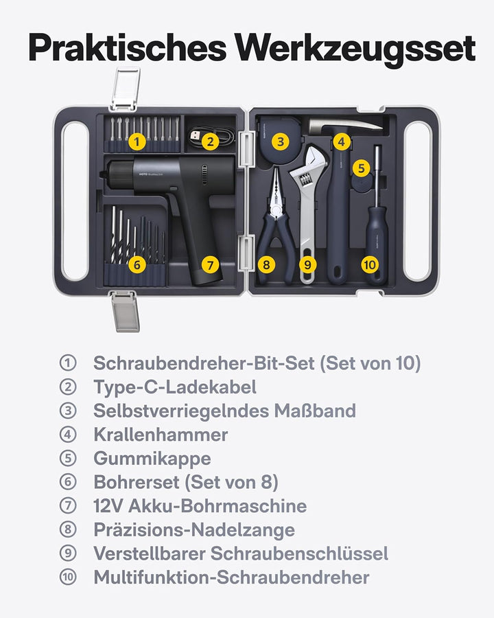 HOTO Werkzeugkoffer 12V Bürstenloser Bohrschrauber Werkzeug Set, Max. 30Nm Akkuschrauber Set, Bohrer