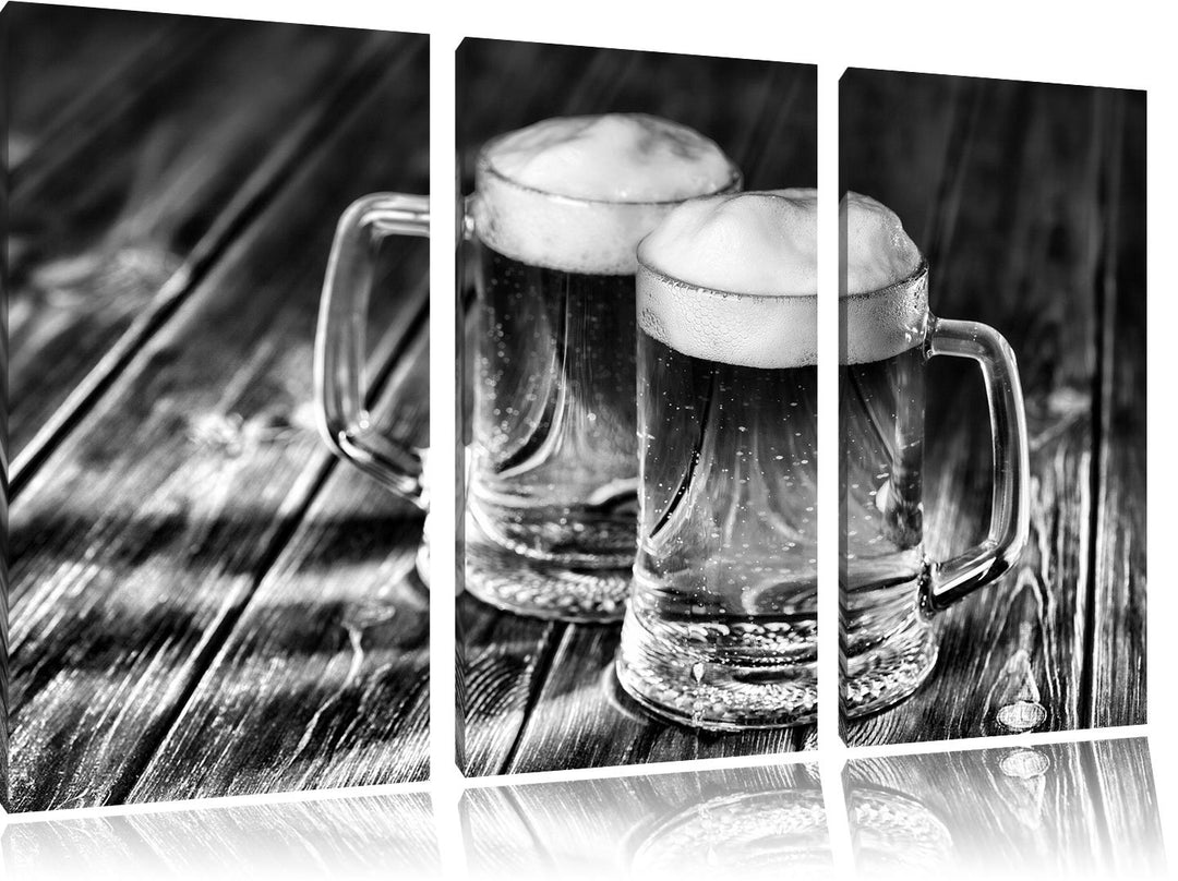 Pixxprint Zwei Masskrüge Bier als Leinwandbild/Grösse: 3 Teilig (120x80) cm/Wandbild/Kunstdruck/fert