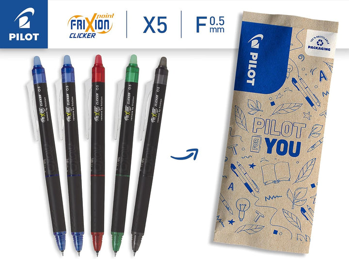 Pilot – 5er-Set Frixion Point Clicker – Tintenroller 0.5 mm mit löschbarer, thermosensitiver Tinte –