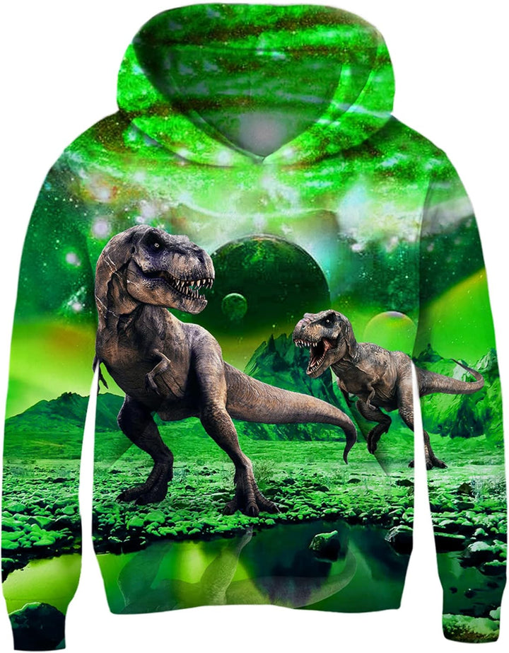AIDEAONE Jungen Mädchen 3D Hoodie Kapuzenpullover Sweatshirt Mit Kapuze Grün Dinosaurier C27 11-14 J