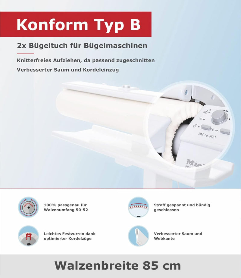 Mangelwaren Bügeltuch für Bügelmaschine mit Verschluss (Doppelpack) - Breite: 85 / Umfang: 50-52 cm